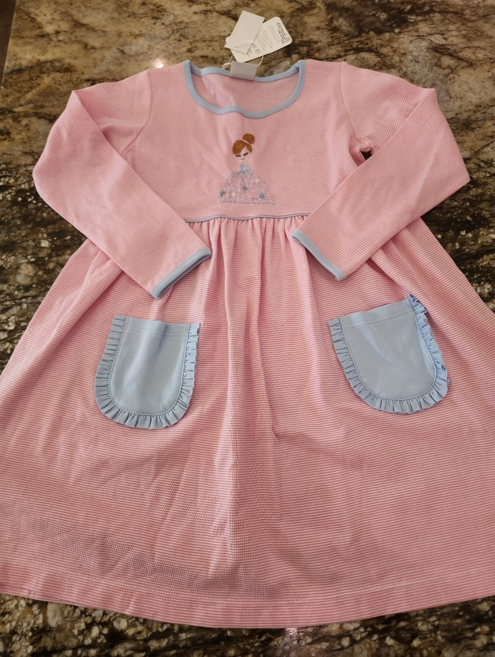 Pink Long-Sleeve Girls Nightgown with Light Blue Trim